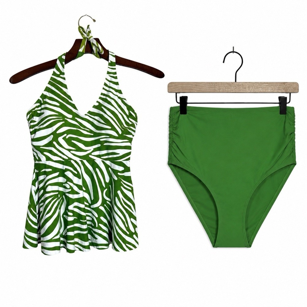 NWT Anne Cole Women Zebra Tankini Set Green High Waist Ruched Size Medium